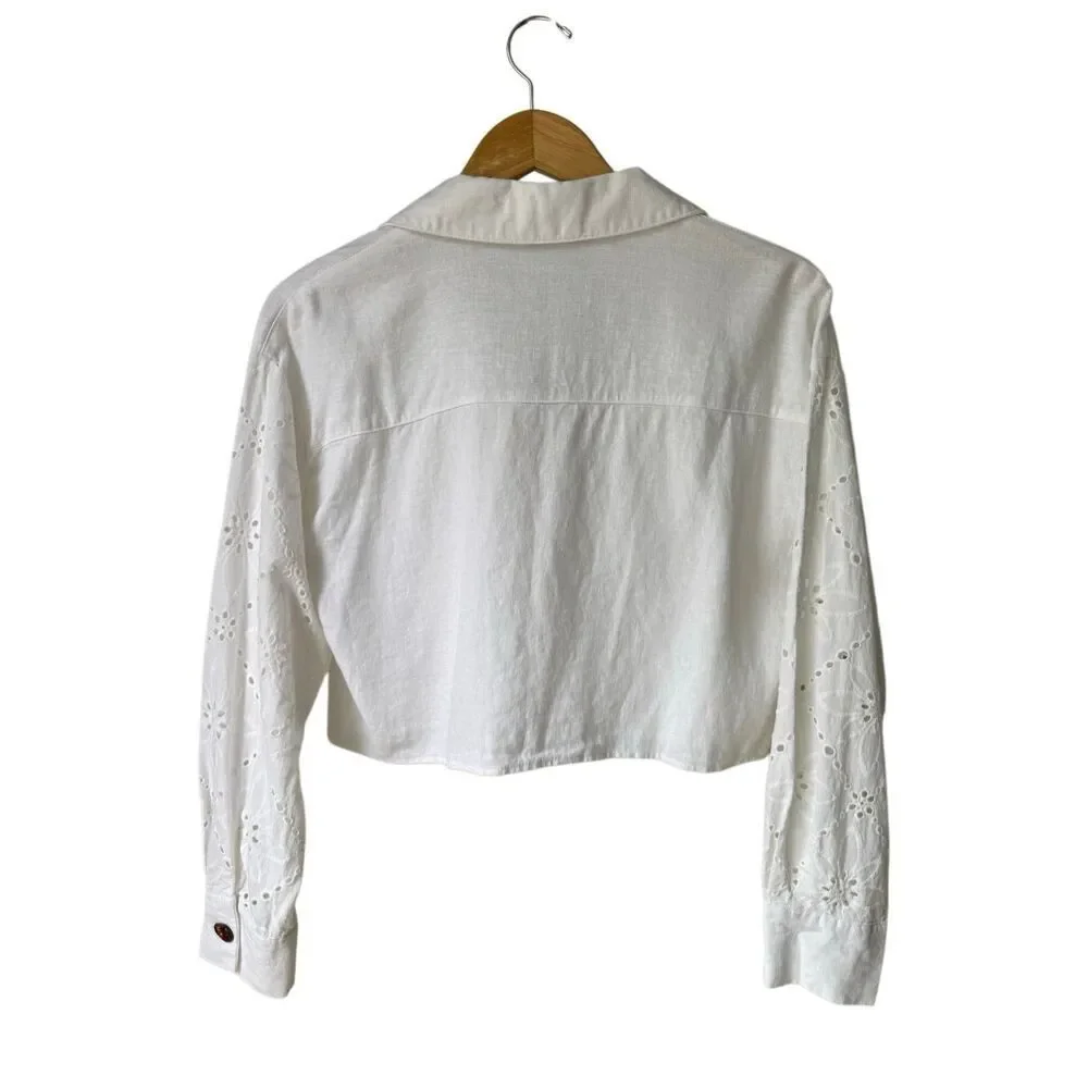 ZARA White Linen Blend Eyelet Long Sleeve Crop Top Size M